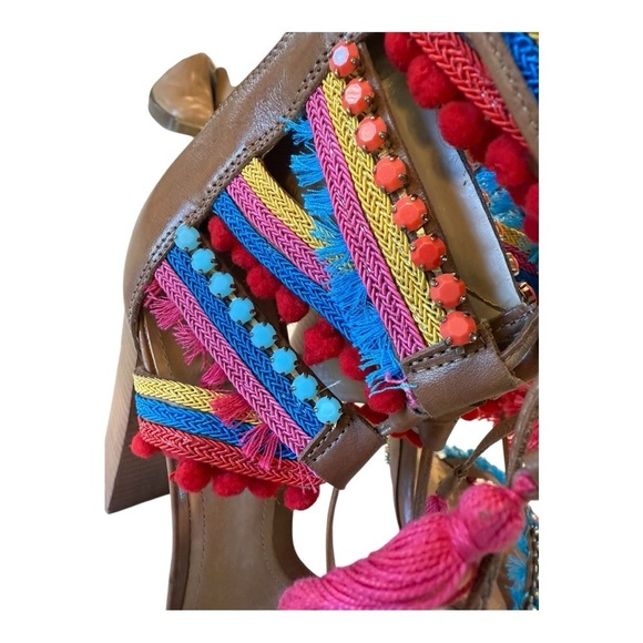 Schutz X Revolve CALLA Lace-Up Multi-Color Tassel Bamboo Brown Block Heel Size 8 - Picture 6 of 16